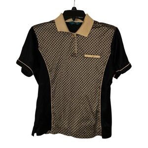 Astra Classic Womens Vintage Polo Shirt Cotton Geometric Medium Retro Tan‎ Black